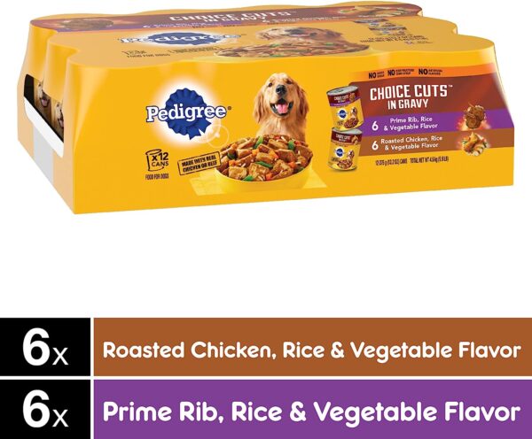 PEDIGREE CHOICE CUTS IN GRAVY Adult Canned Soft Wet Dog Food Variety Pack, Prime Rib, Rice & Vegetable Flavor and Roasted Chicken, 13.2 oz. Cans (Pack of 12) - Image 9