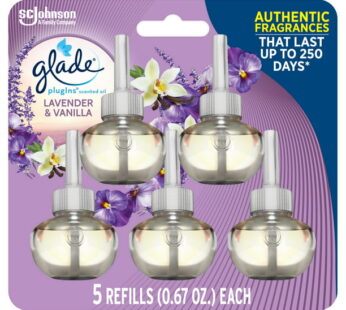 Glade PlugIns Refill 5 CT, Lavender & Vanilla, 3.35 FL. OZ. Total, Scented Oil Air Freshener Infused with Essential Oils