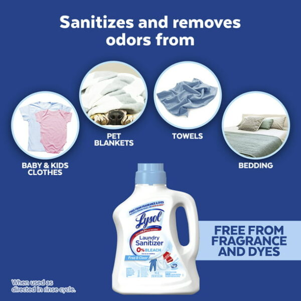 Lysol Laundry Sanitizer Additive, Sanitizing Liquid for Clothes and Linens, Eliminates Odor Causing Bacteria, Free from Fragrance & Dyes, 90oz - Image 2